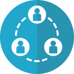 Three blue-colored depictions of individuals, connected by a white, dashed line forming a circle, on top of a two-toned blue circle. Logo depicts the personnel involved in Tran-SET and how they work together as a team to make Tran-SET a success.