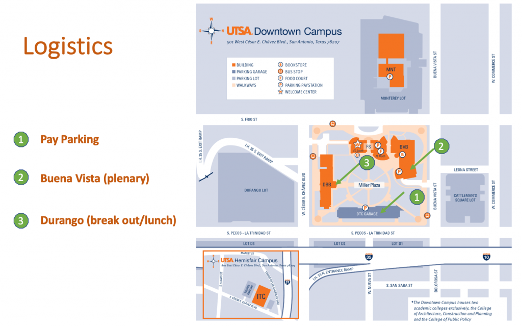 A map showing the location for the Pay Parking, Buena Vista (plenary) and Durango (break out/lunch)